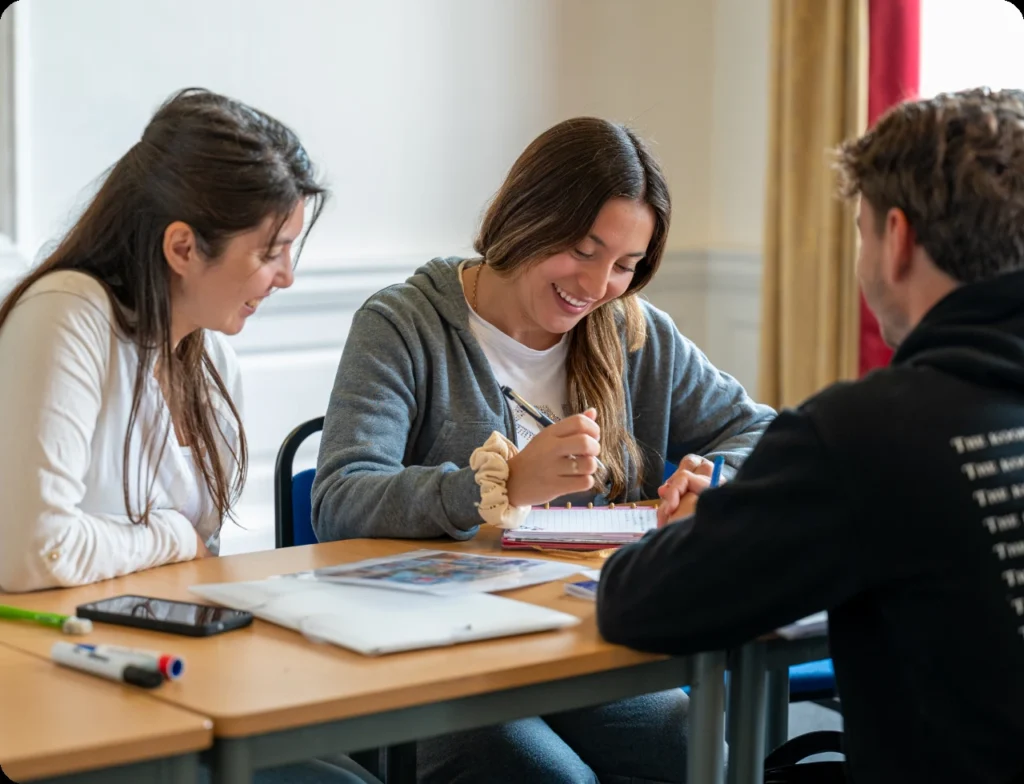 A teacher explaining grammar to a student at Everest Language School